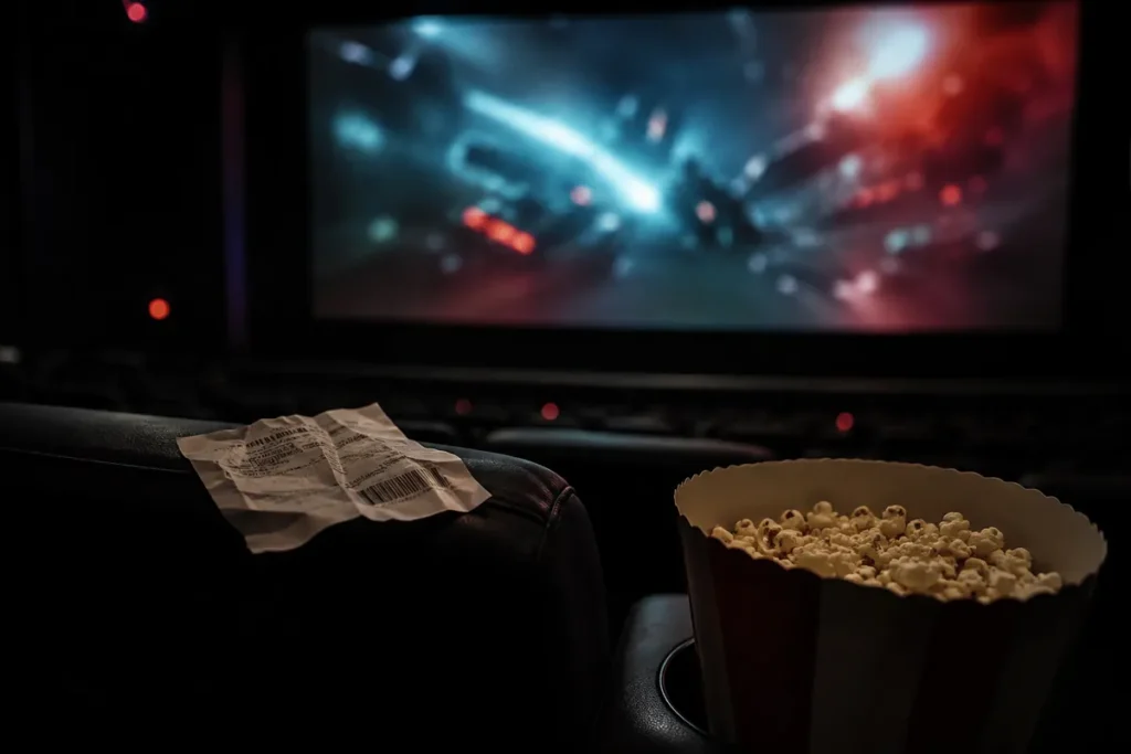 Entrada de cine arrugada y palomitas tras una película decepcionante