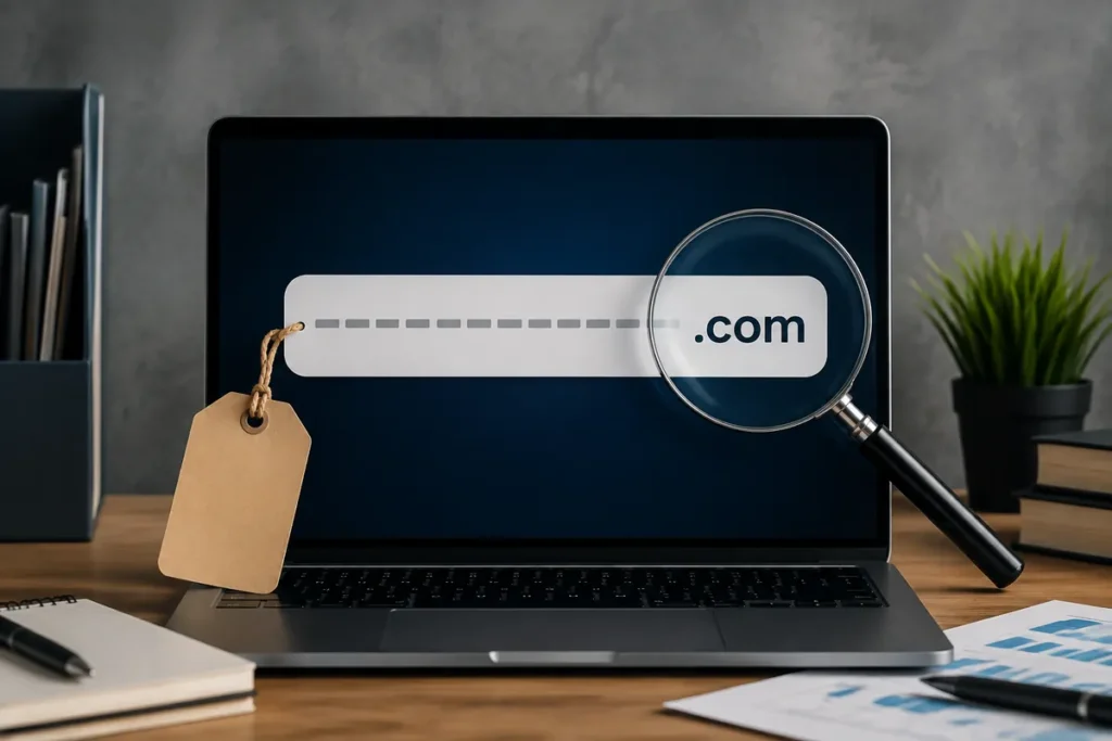 Valoración de un dominio .com caro mediante una lupa y una etiqueta de precio
