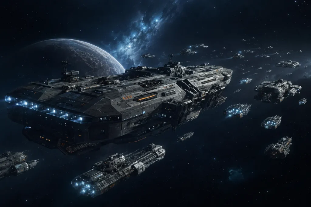 Flota espacial de supervivientes humanos Gran nave militar escoltando una flota humana a través del espacio