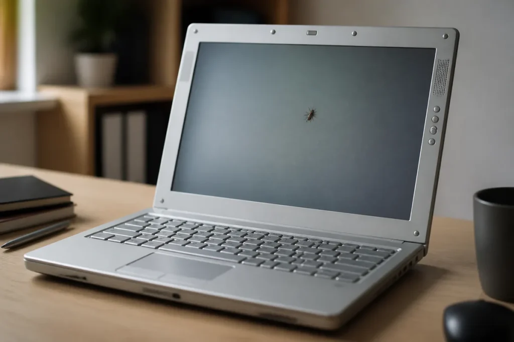 Portátil con un insecto atrapado en la pantalla