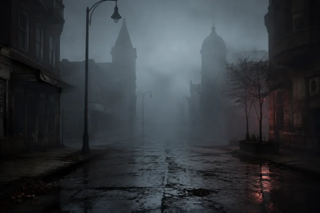 Calle desierta de un pueblo abandonado cubierta por una niebla inquietante