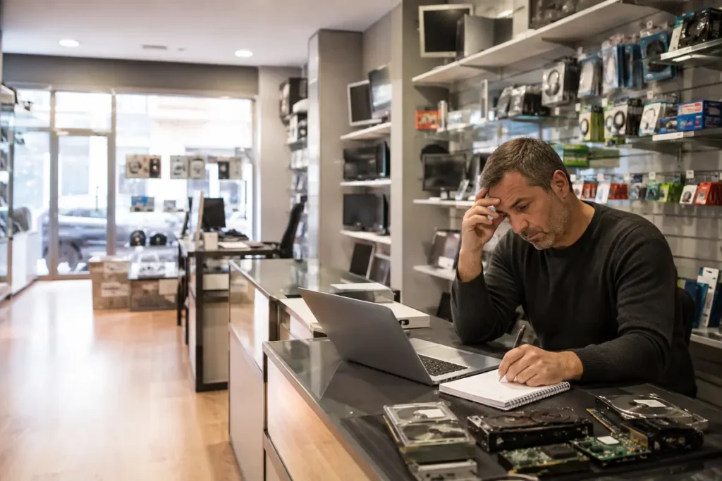 Comerciante preocupado revisando cuentas en una pequeña tienda de informática vacía