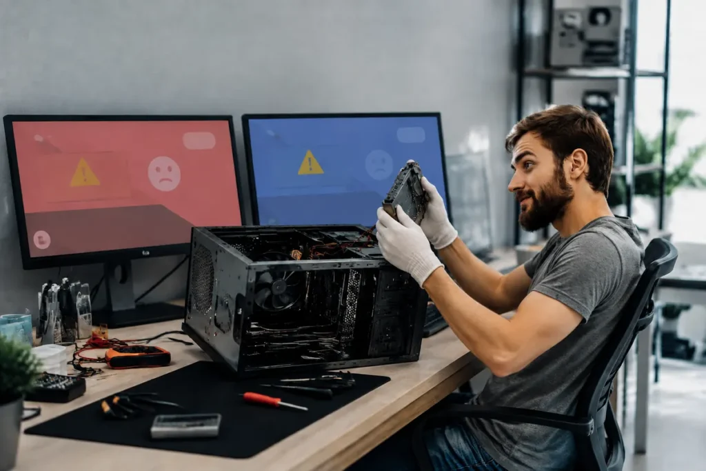 Técnico reparando un ordenador con varios avisos de error en las pantallas