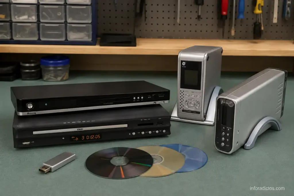 Reproductores Airis Aspects y Neom NM325DVD junto a dos cajas multimedia de disco duro