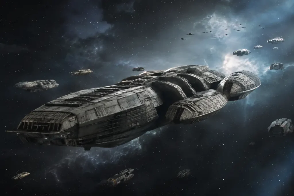 Nave Battlestar Galactica liderando la flota humana frente a cazas Cylon