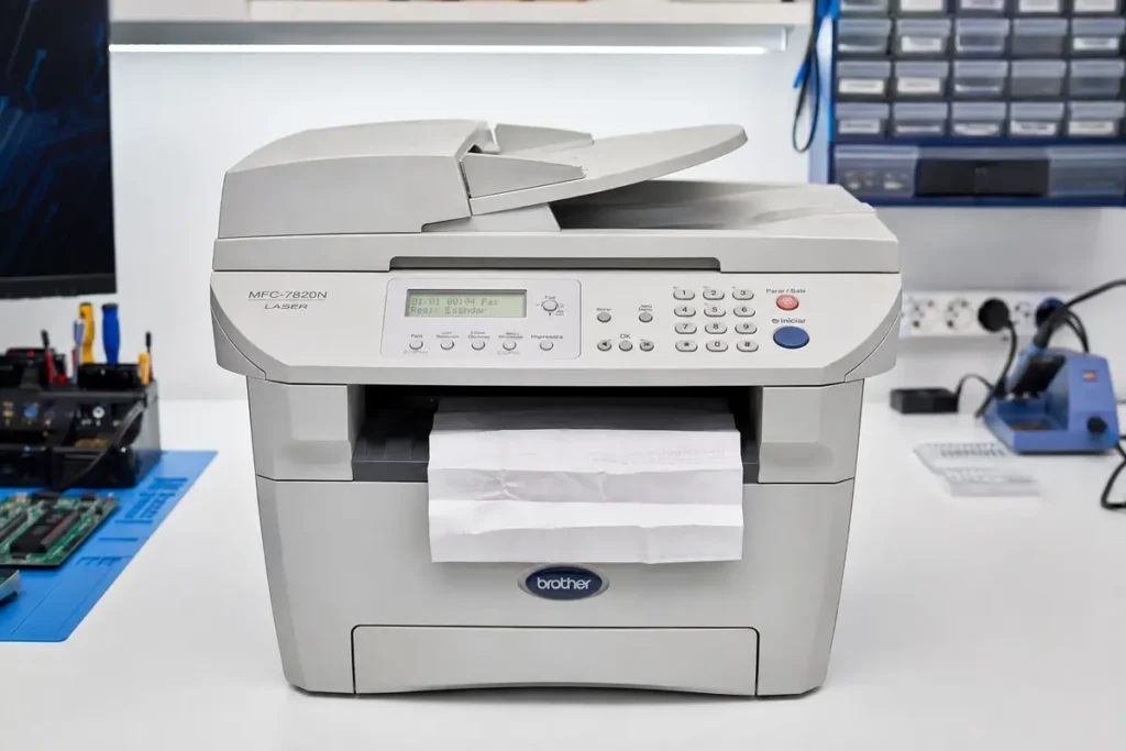 Brother MFC-7820N expulsando una hoja de papel arrugada