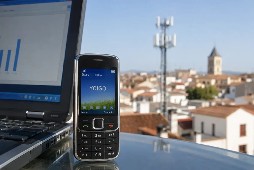 Teléfono Nokia mostrando cobertura 3G HSDPA de Yoigo junto a un portátil
