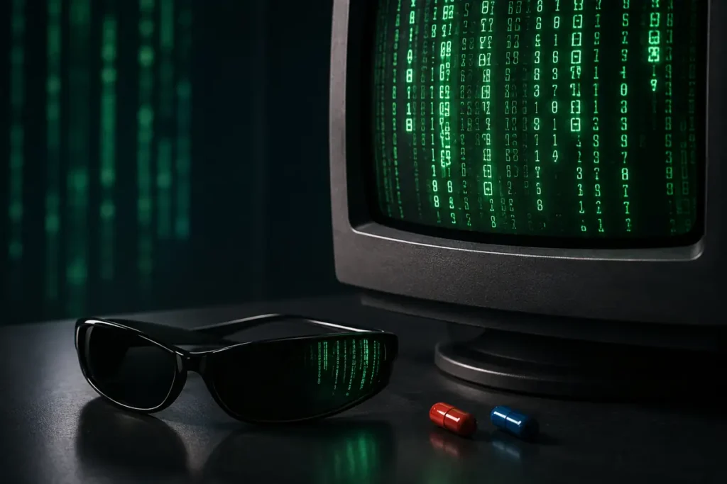 Gafas negras y píldoras roja y azul frente a una pantalla inspirada en Matrix