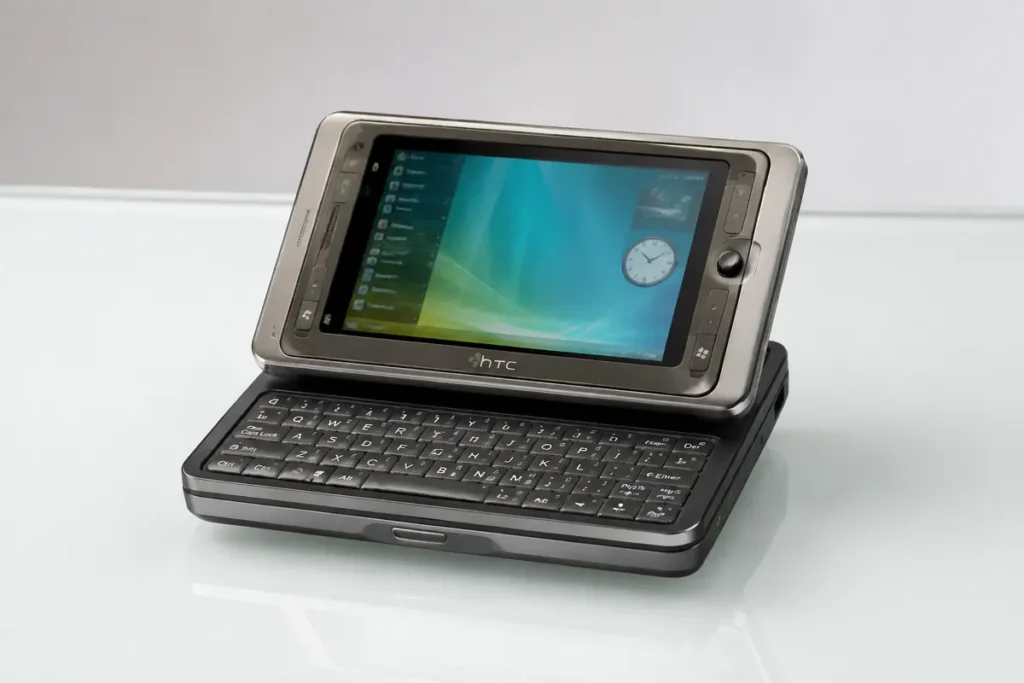 HTC Shift X9500 abierto con su pantalla táctil inclinada y teclado físico