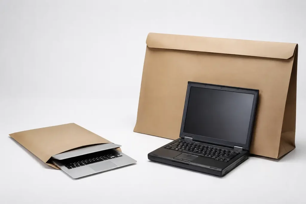 MacBook Air de 2008 saliendo de un sobre junto a un portátil Dell y un sobre enorme