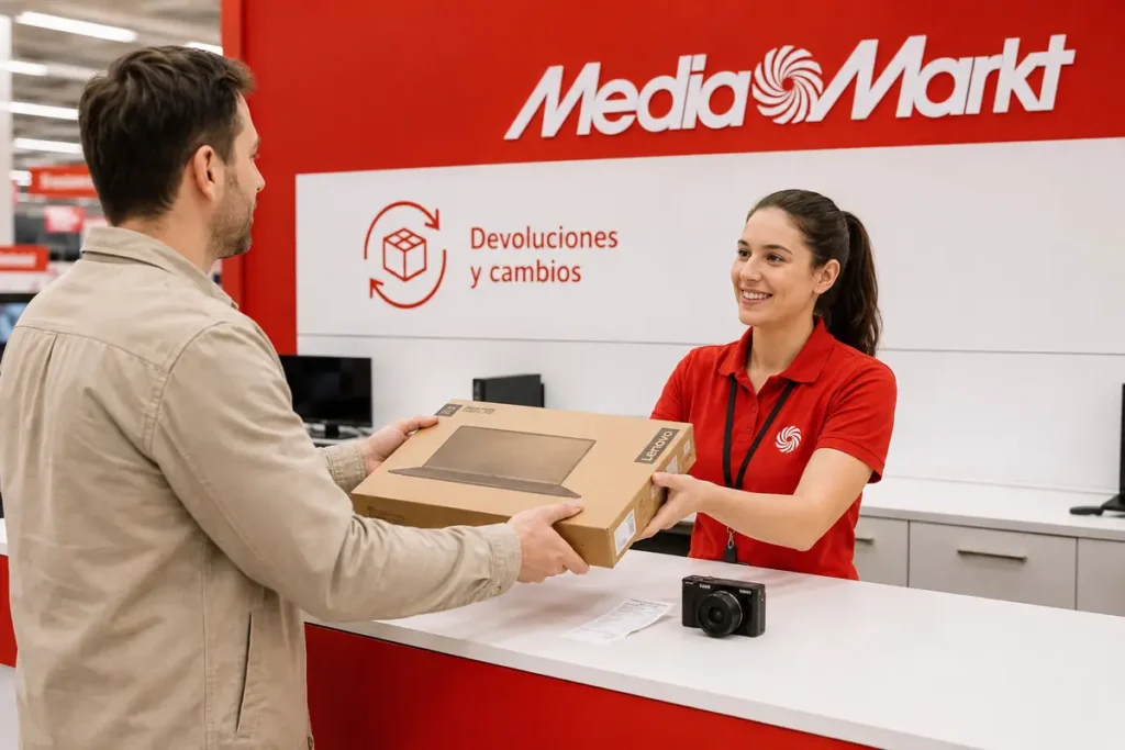 Cliente devolviendo un ordenador portátil en el mostrador de MediaMarkt