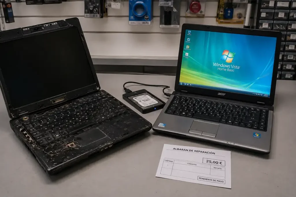 Portátil antiguo dañado por líquido junto a un Acer durante un traslado de datos