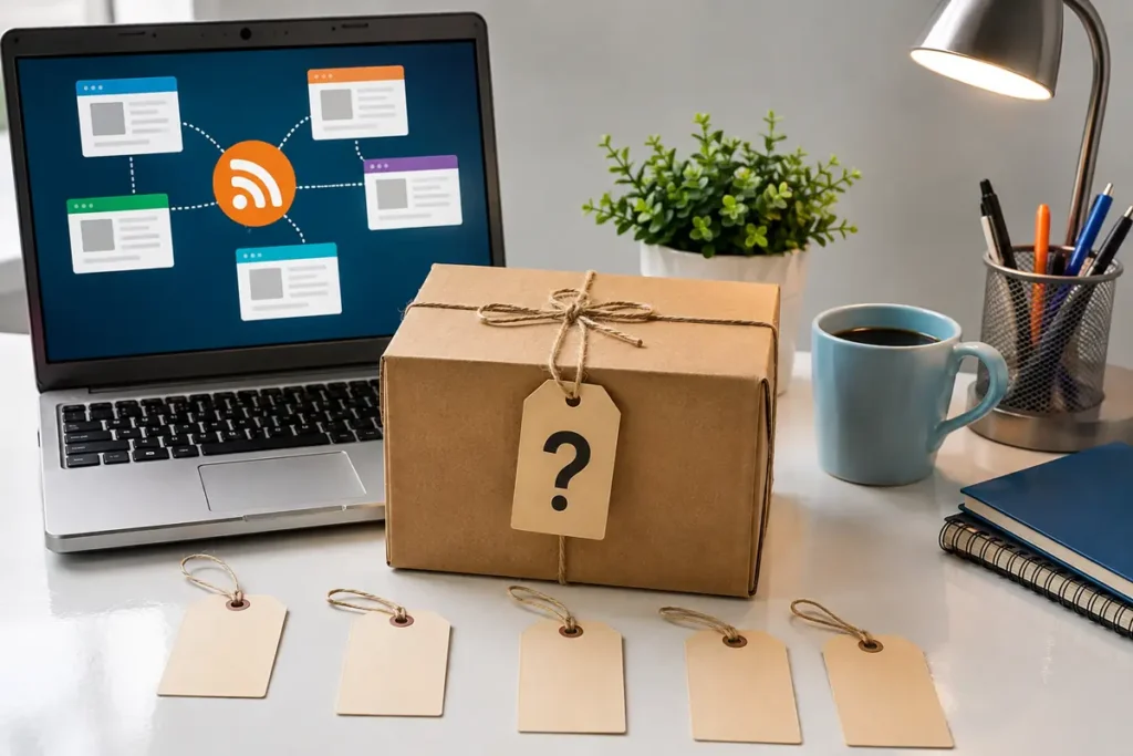 Paquete sorpresa junto a un portátil con una red de blogs conectados