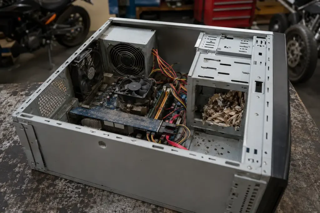 Torre de ordenador abierta con un nido de ratones en su interior