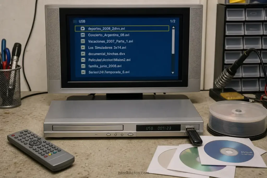Reproductor DivX de 2008 con USB, mando, discos y televisor TFT