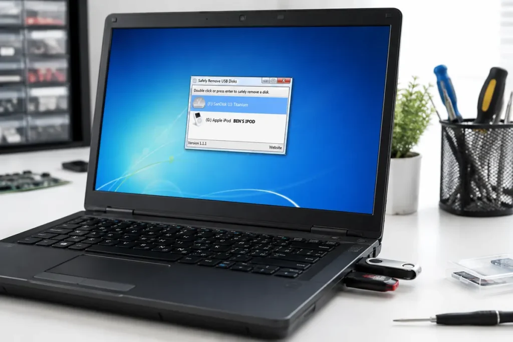 USB Disk Ejector mostrando dos unidades extraíbles conectadas a un portátil