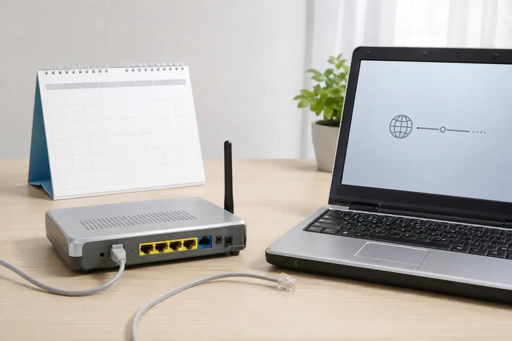 Router ADSL de 2008 junto a un portátil esperando la activación de Ya.com