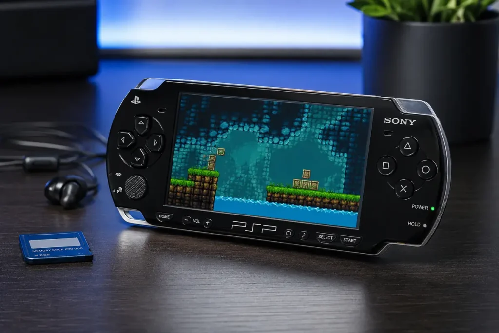 PSP Slim negra mostrando un juego retro junto a una Memory Stick y unos auriculares
