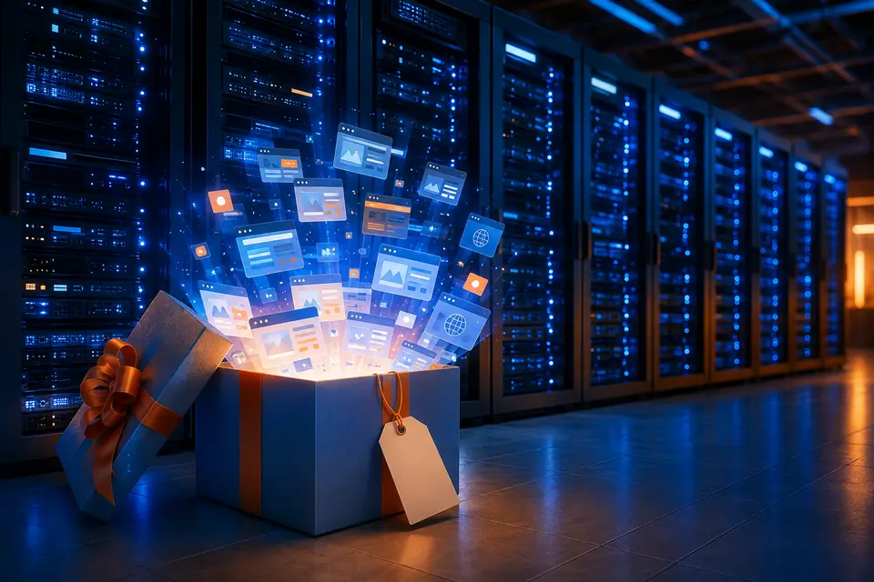 Servidores y una caja regalo representando 5000 planes de hosting gratis