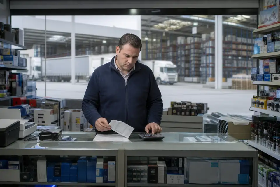 Comerciante de informática calculando márgenes frente a un gran almacén mayorista