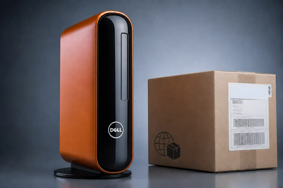 Dell Studio Hybrid de 2008 junto a una caja de envío