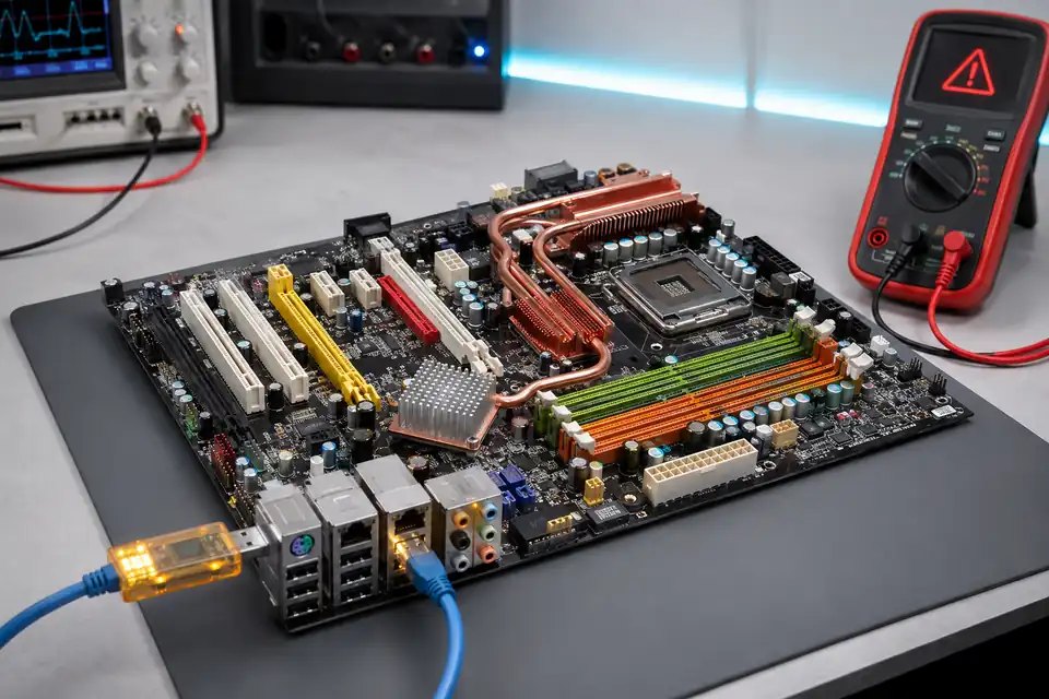 Placa base MSI conectada a un comprobador USB y un cable de red durante una prueba de diagnóstico