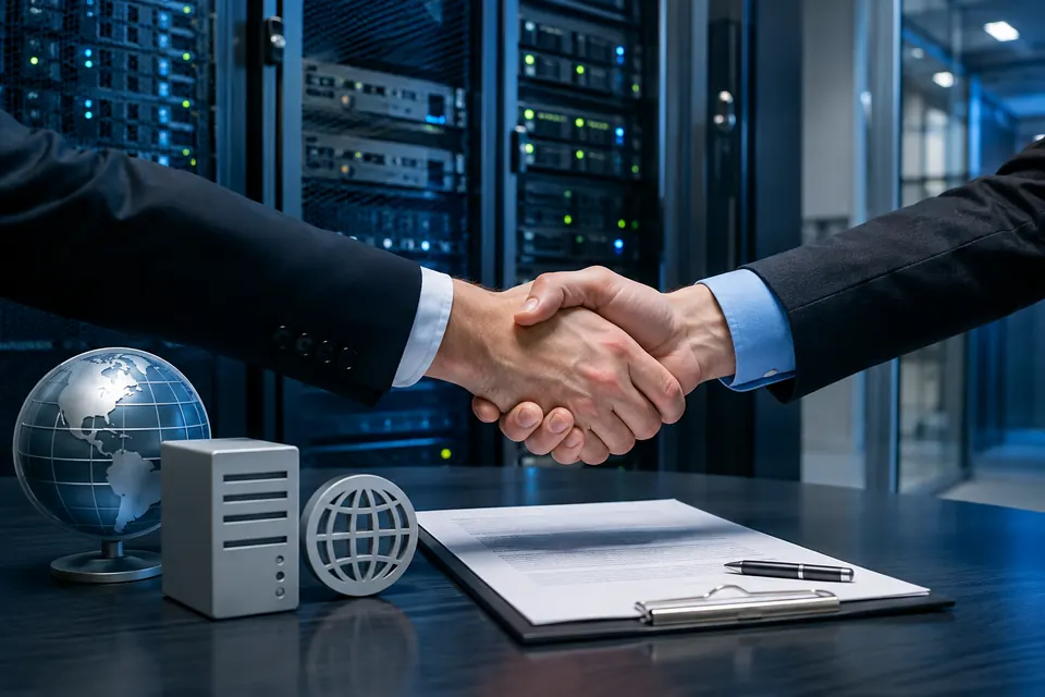 Dos ejecutivos estrechándose la mano ante servidores tras la compra de Amen por el grupo Dada