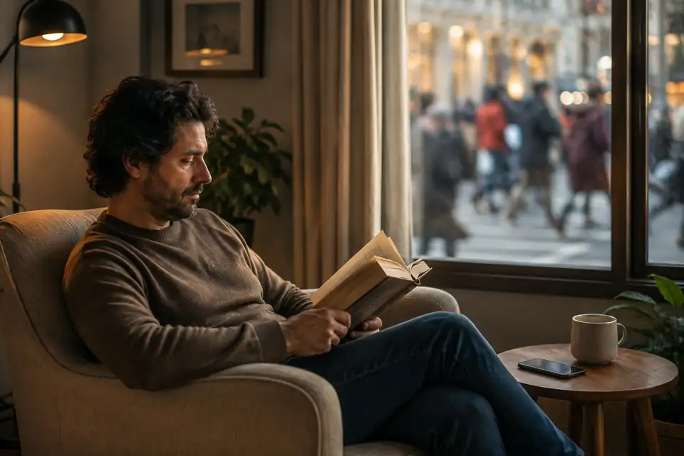 Hombre leyendo tranquilamente en casa con el móvil apagado sobre la mesa