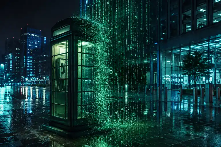 Cabina telefónica desapareciendo entre líneas de código verde de una simulación digital
