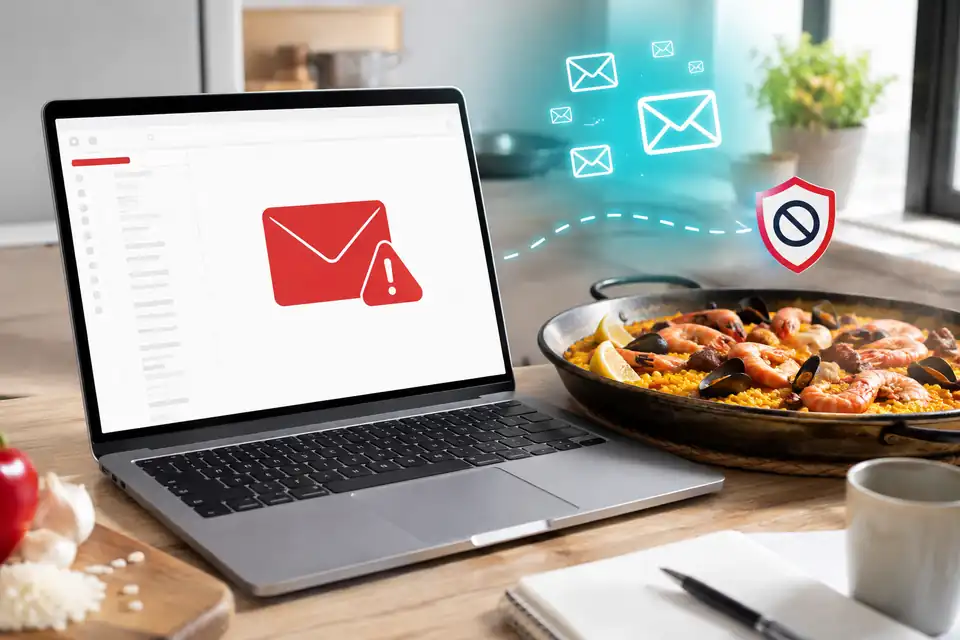 Ordenador portátil con una alerta de correo no solicitado junto a una paella