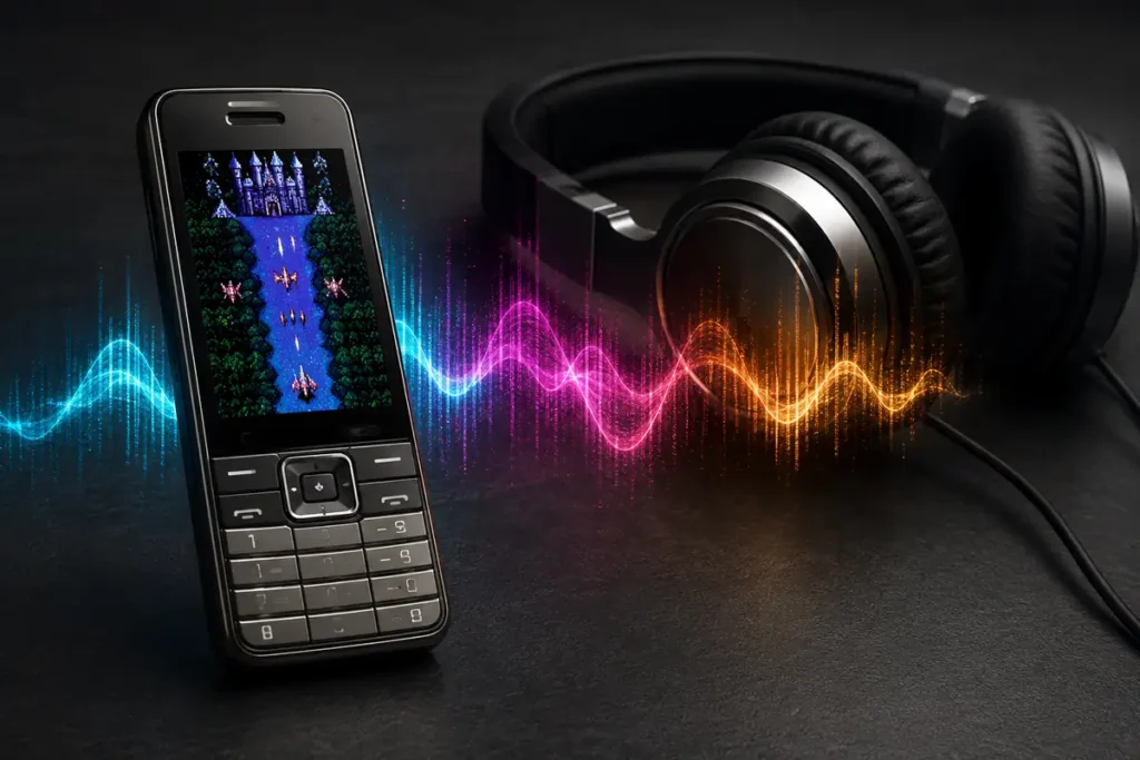 Móvil clásico junto a unos auriculares con ondas musicales y un juego de estilo MSX en la pantalla
