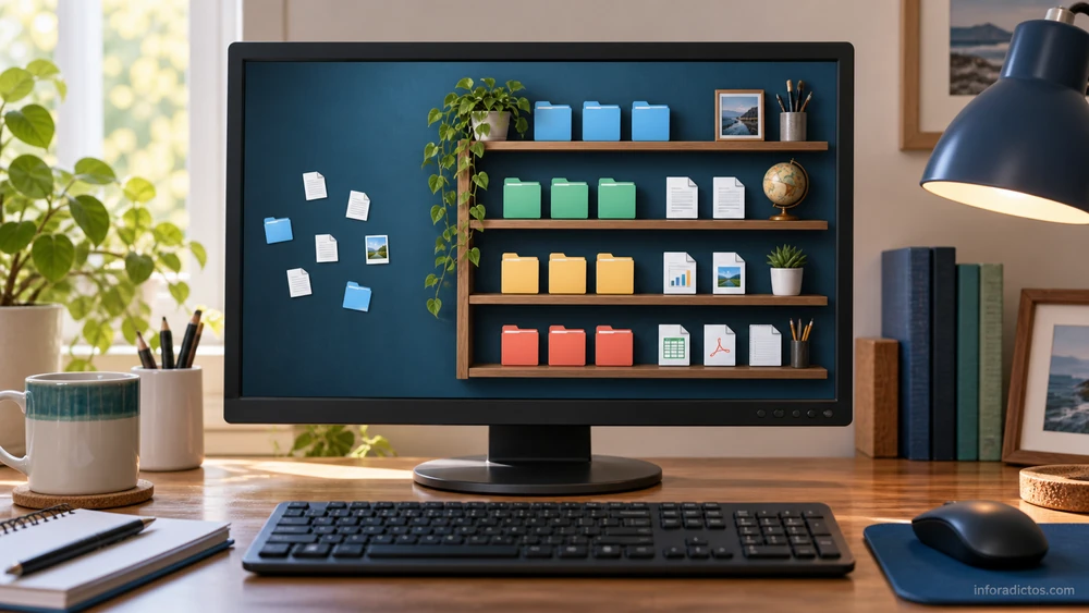 Monitor con carpetas e iconos organizados en las estanterías de un fondo de escritorio