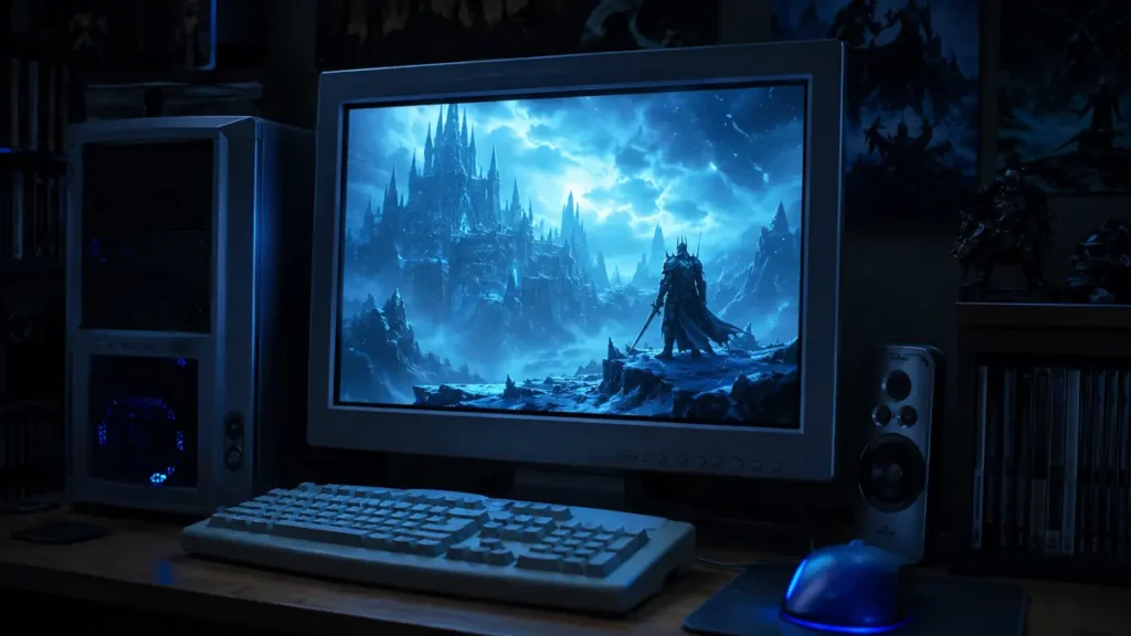 Ordenador de 2008 mostrando una escena helada de Wrath of the Lich King