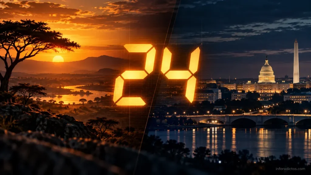 Ilustración de un reloj digital con el número 24 entre un paisaje africano y Washington