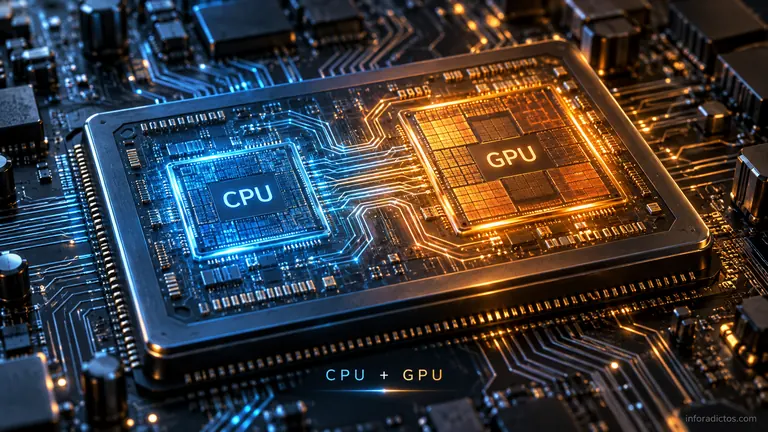 Ilustración conceptual de CPU y GPU integradas en un procesador, la idea de AMD Fusion