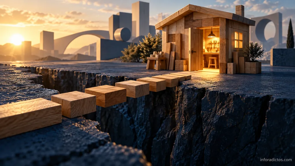 Ilustración de un puente de bloques de madera que permite llegar a un pequeño taller