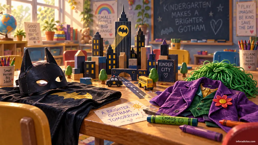 Ilustración de disfraces de Batman y el Joker junto a una ciudad de bloques en un aula infantil