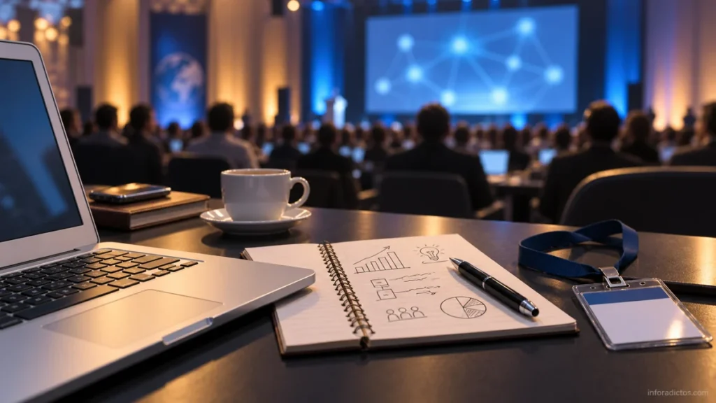 Ilustración de un portátil y notas de negocio en un congreso de emprendedores web