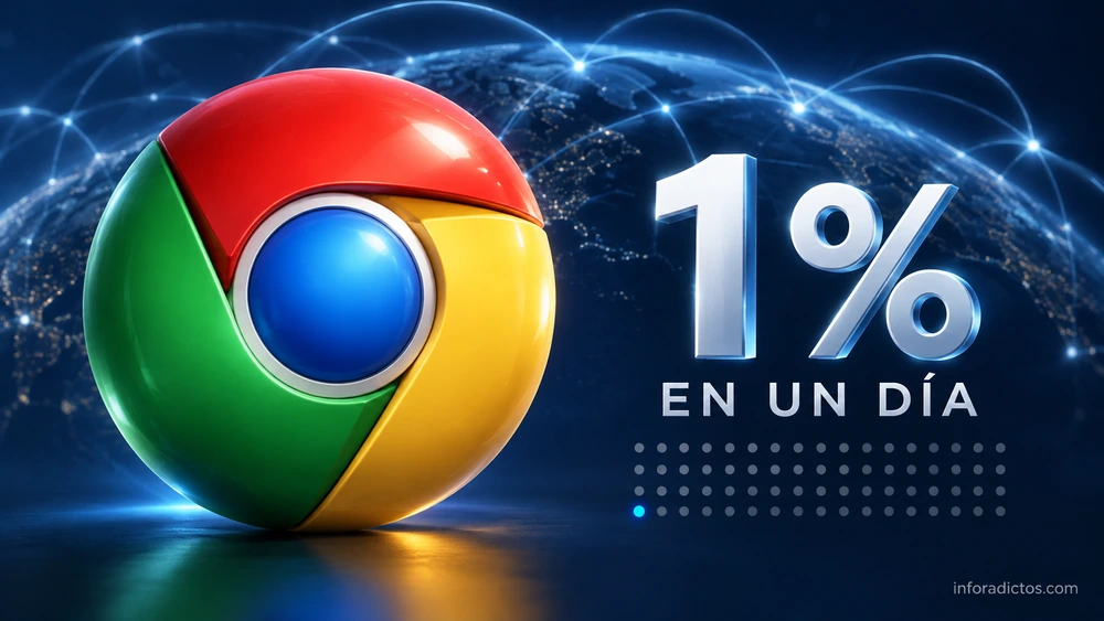Logotipo de Chrome junto al texto «1 % en un día» sobre un fondo de conexiones de internet