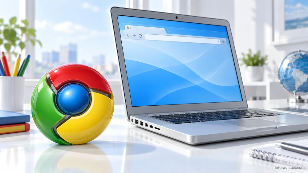 Símbolo de Google Chrome junto a un portátil con una ventana de navegador