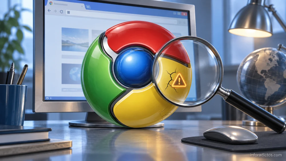 Ilustración del logotipo de Chrome examinado con una lupa y una señal de advertencia