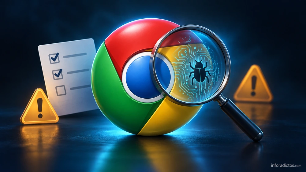 Logotipo de Chrome bajo una lupa con un insecto simbólico, una lista de comprobación y señales de advertencia