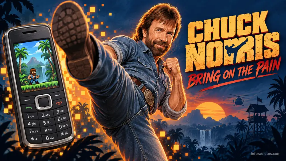 Ilustración de Chuck Norris dando una patada junto a un móvil con teclado y el título Bring on the Pain