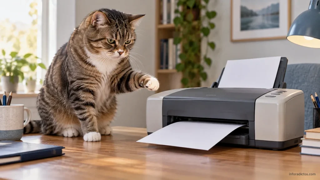 Gato atigrado con una pata levantada frente a una impresora que expulsa una hoja de papel