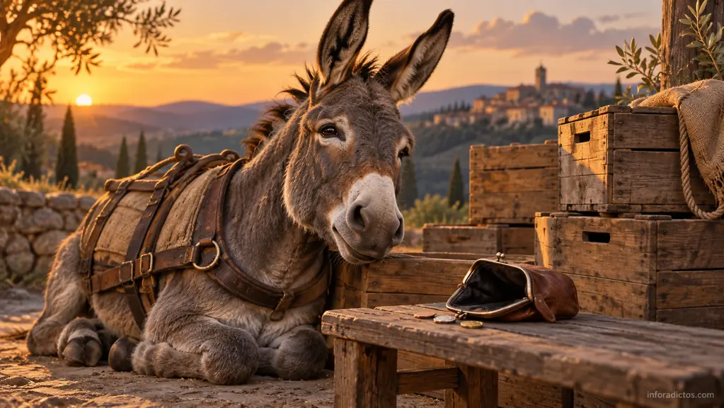 Un burro descansa junto a unas cajas y un monedero con pocas monedas