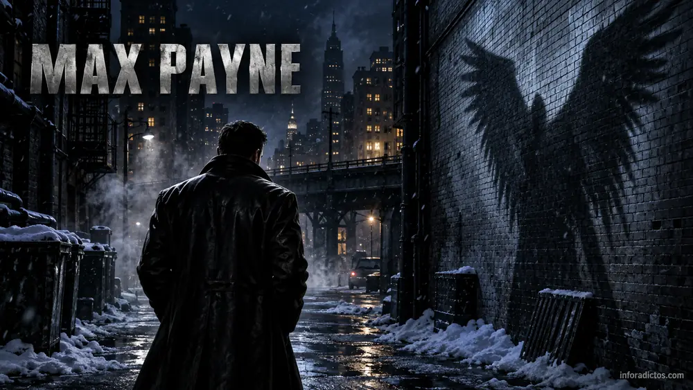 Ilustración de un detective en una calle nevada para el tráiler de Max Payne