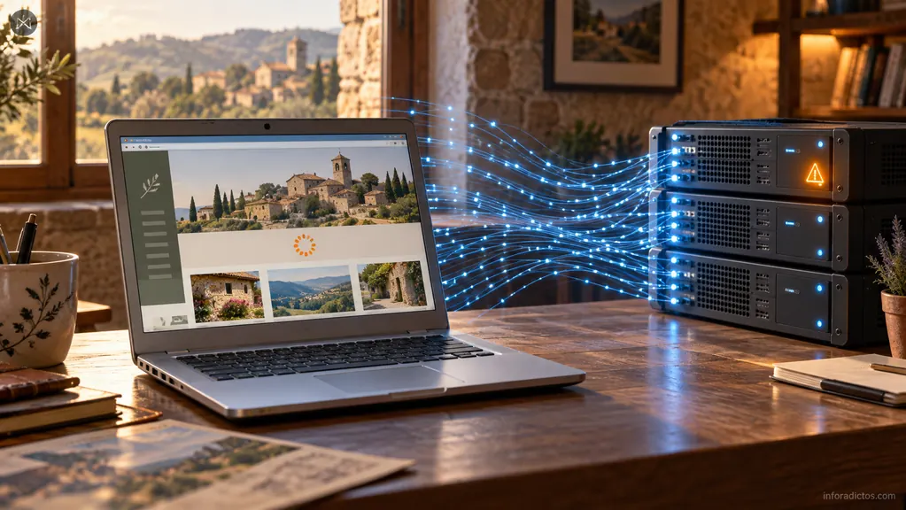 Ilustración de una web de turismo rural cargando en un portátil y una avalancha de conexiones hacia un servidor