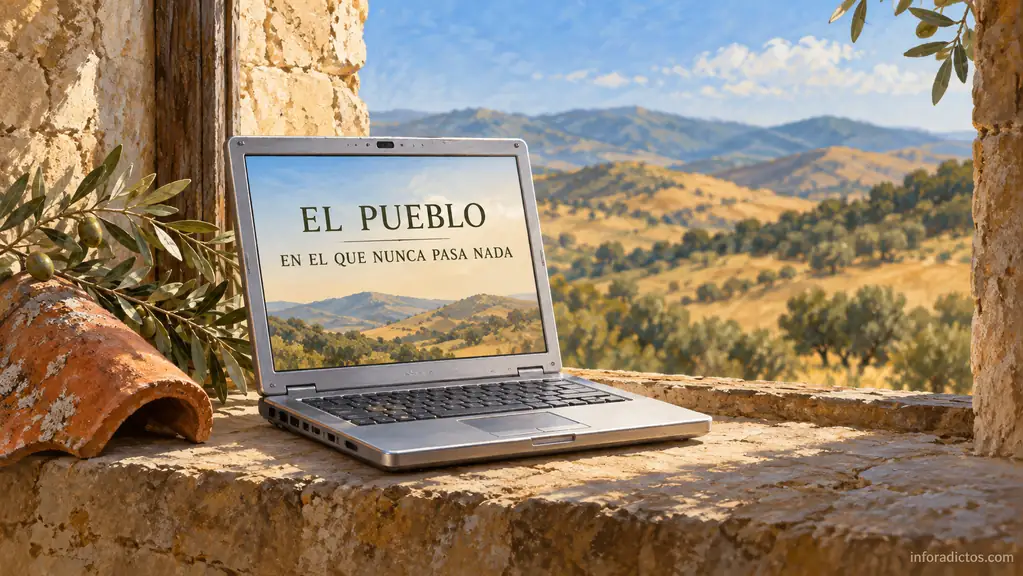 Ilustración de un portátil con el lema de Miravete, una teja y un paisaje rural