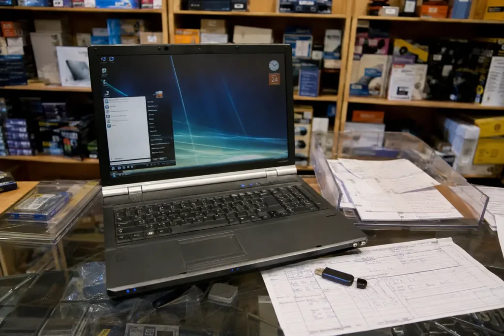Portátil con Windows Vista y adaptador Bluetooth en una tienda de informática