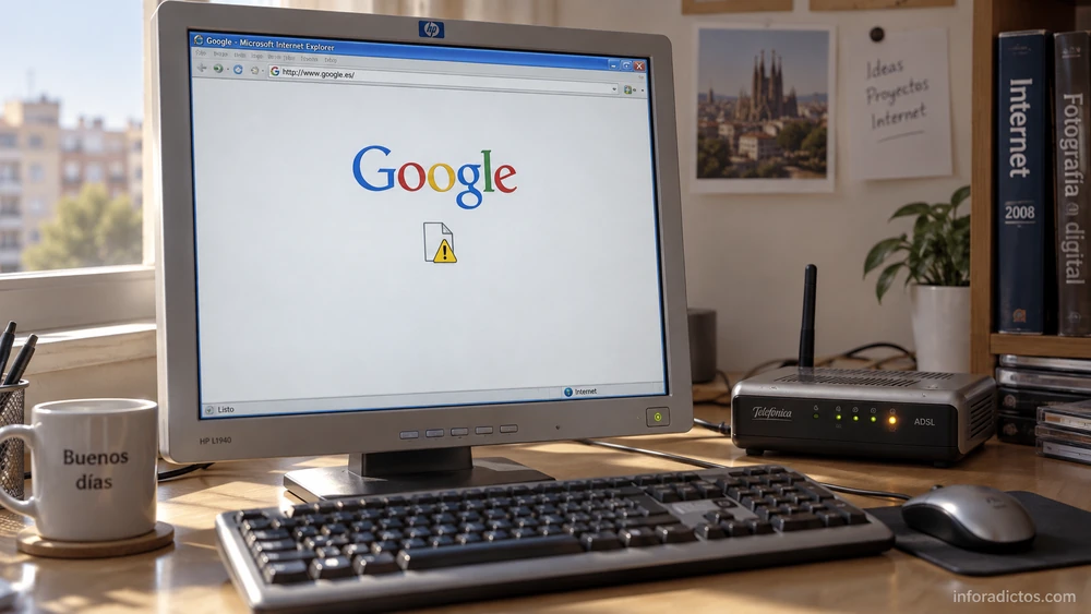 Ordenador de sobremesa con un aviso de error de Google y un router ADSL